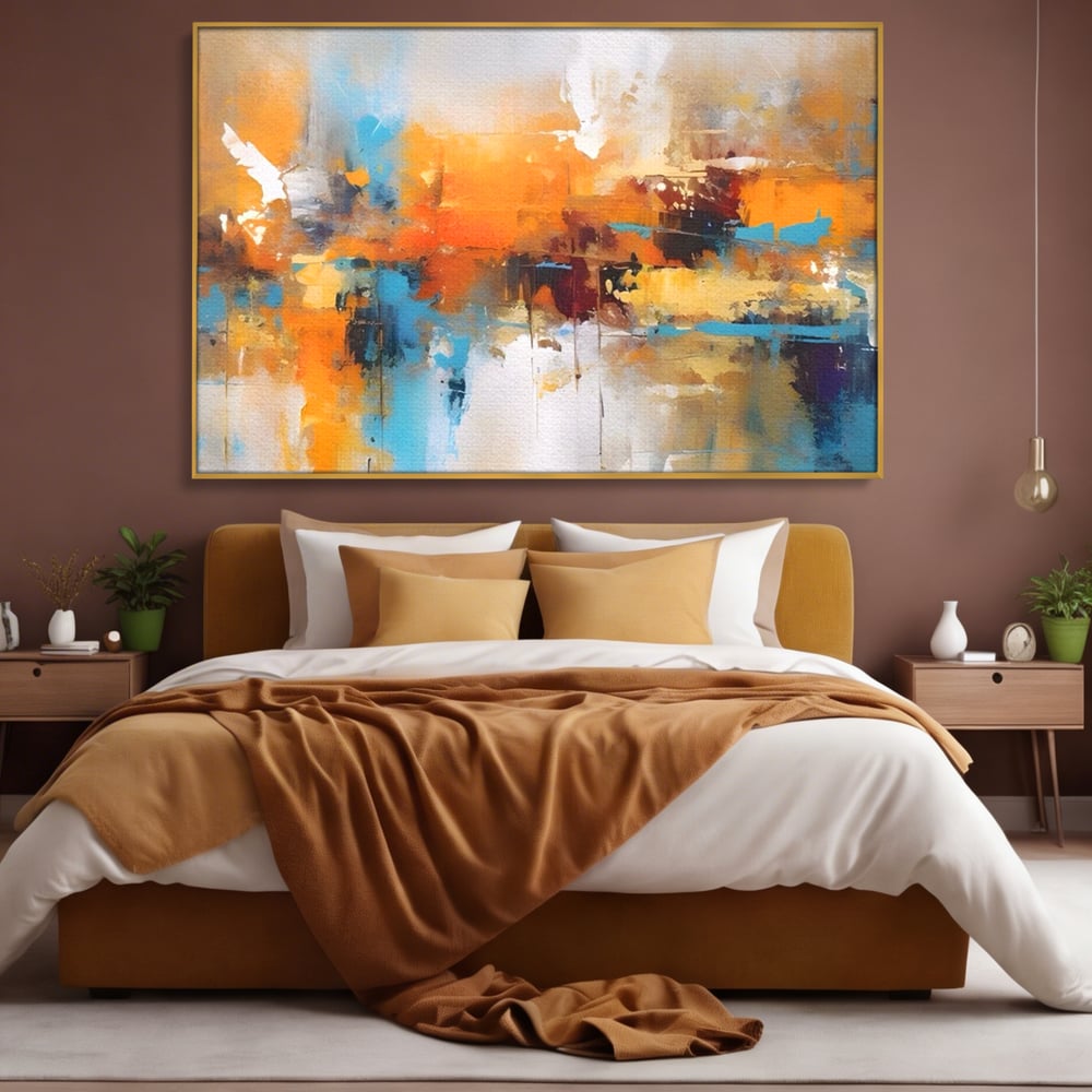 Tablou canvas cu tablou canvas abstract orizontal, in rama de aluminiu auriu, pe perete intr-un dormitor